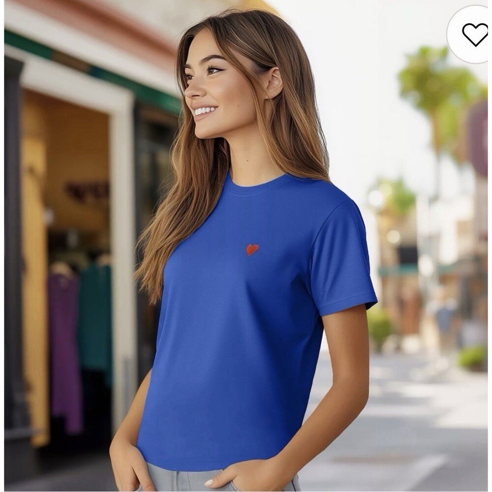 NWT Dalix Women's L Royal Blue Pixel Heart Jersey Relaxed Tee T-SHIRT NEW Cotton